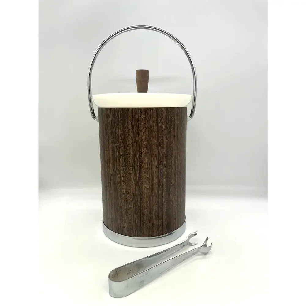 Kromex Vintage Mid Century Modern Wood Look Chrome Ice Bucket w/ Tongs